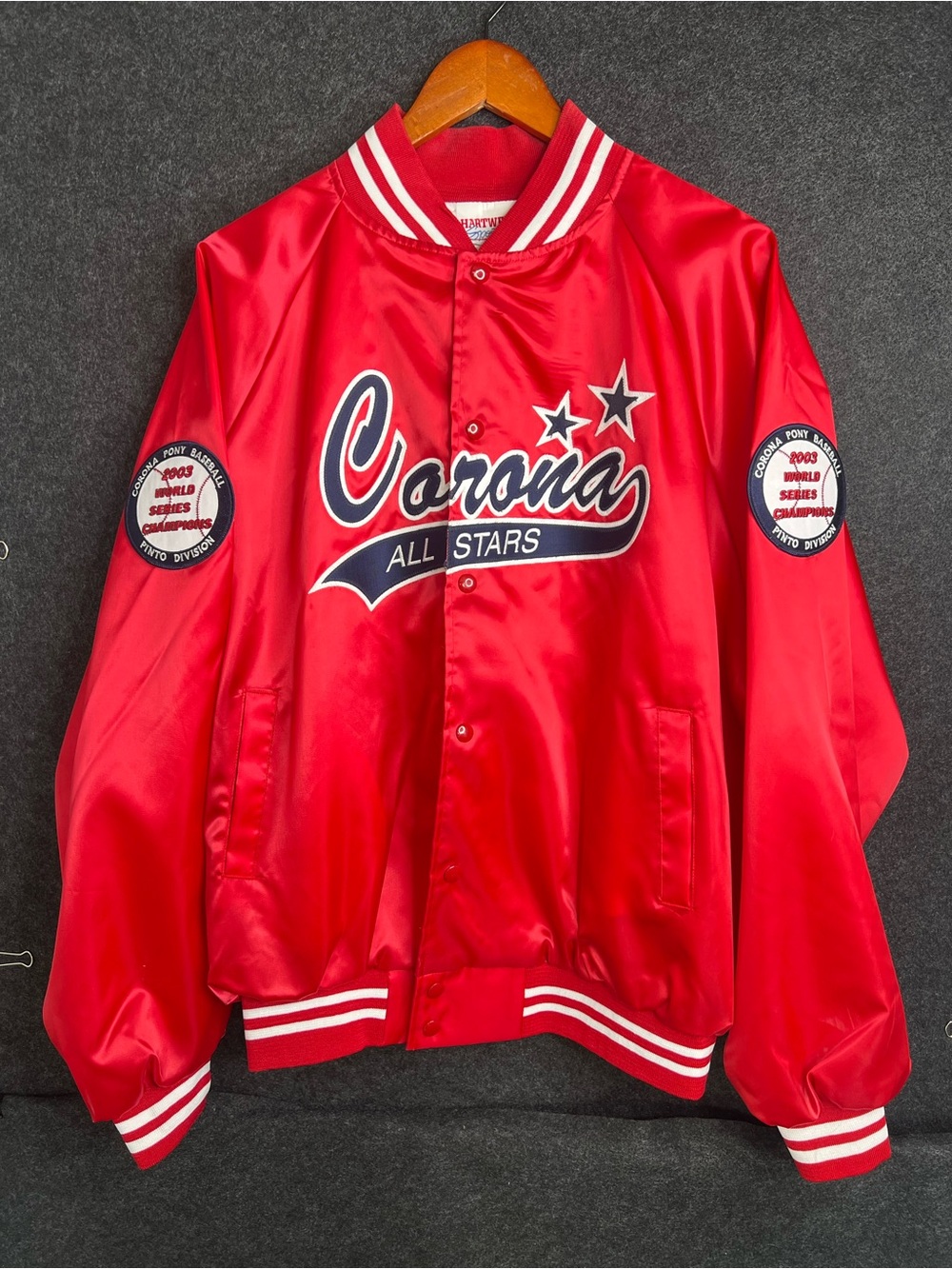 Vintage 2003 Sports Red Satin Bomber Jacket Corona CA Mens XL Retro 80s Style